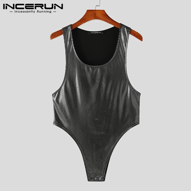INCERUN Men Bodysuits Sequin O-neck Sleeveless Fitness Sparkling Sexy Rompers Tank Tops Men Streetwear Male Bodysuits S-5XL