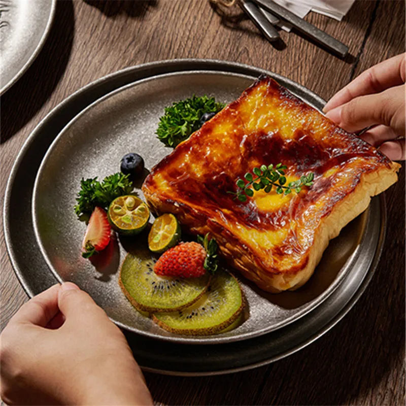 Retro Stainless Steel Storage Trays Kitchen Dinner Plate Round Snow Gray Tableware Plate Coffee Dessert Cake Serving Dishes
