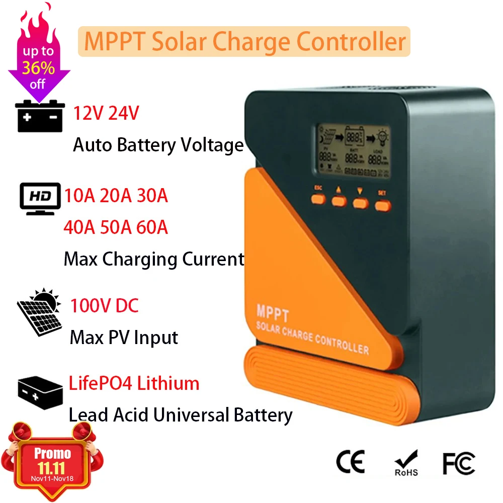 MPPT Solar Charge Controller 10A 20A 30A 40A 50A 60A Solar Panel Auto PV Regulator 12V/24V 100VDC for Lead Aacid Lithium Battery
