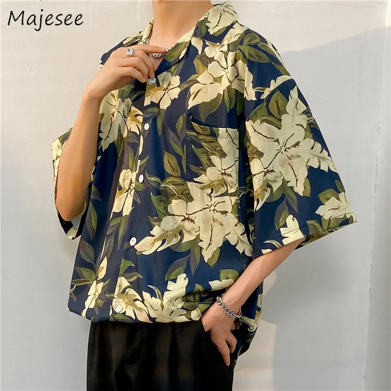 

Print Shirts Men M-3XL Vintage Baggy Thin Summer Breath Vacation Hawaiian Fashion Unisex Y2k Clothes Handsome Camisas All-match