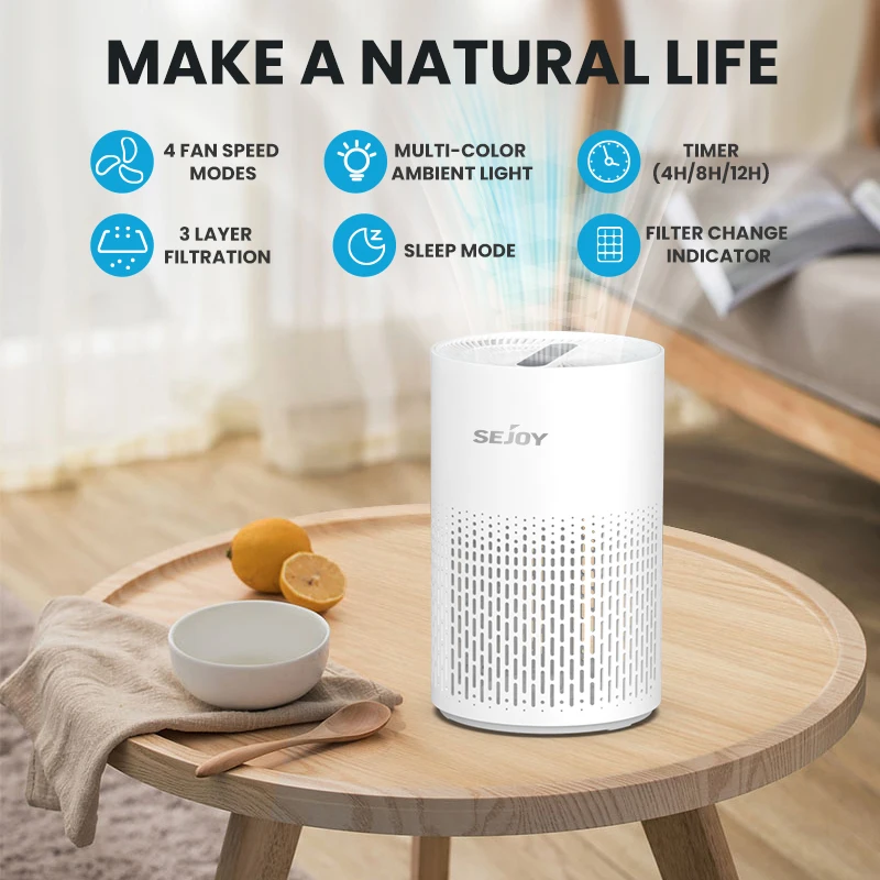 Sejoy Air Purifier H13 True HEPA Filter for Home Allergies and Pets Hair, Smokers in Bedroom with RGB Night Light 2