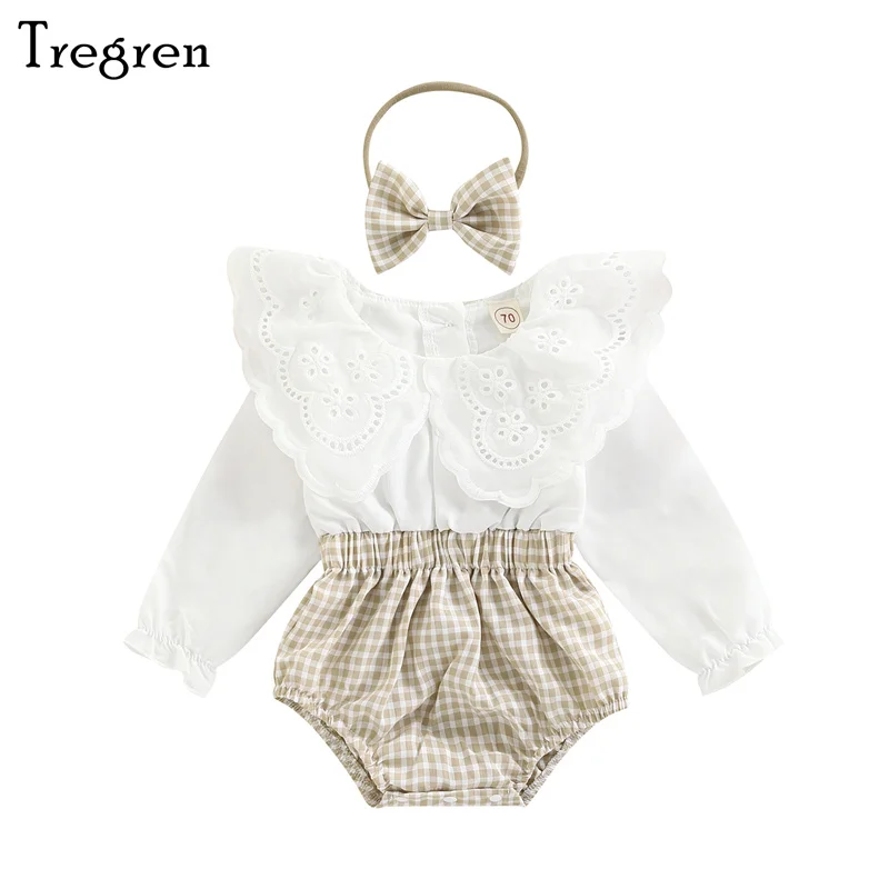 

Tregren 0-18M Cute Infant Baby Girl Clothes Sets Plaid Patchwork Lace Doll Collar Long Sleeve Romper With Hairband 2pcs Suit