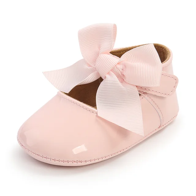 Newborn Baby Shoes Baby Boy Girl Shoes Girl Classic Bowknot Rubber Sole Anti-slip PU Dress Shoes First Walker Toddler Crib Shoes Pink