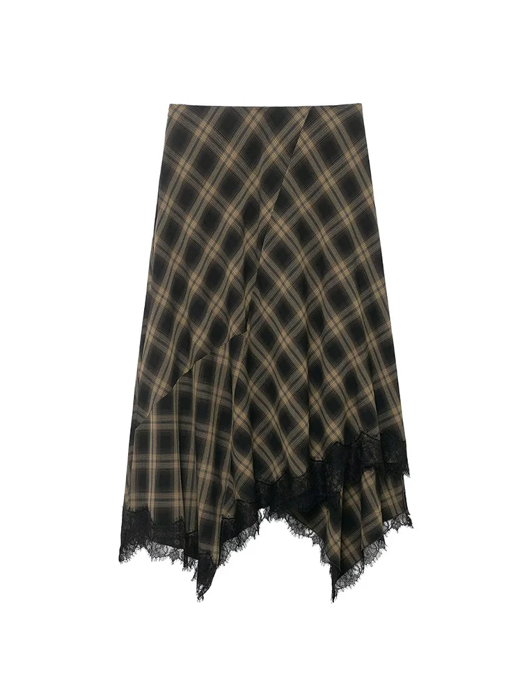 Women's Plaid Long Skirts Vintage Printed Loose Lace Spliced A Line Skirt Fashion Retro Elegant Irregular Design Casual Skirts