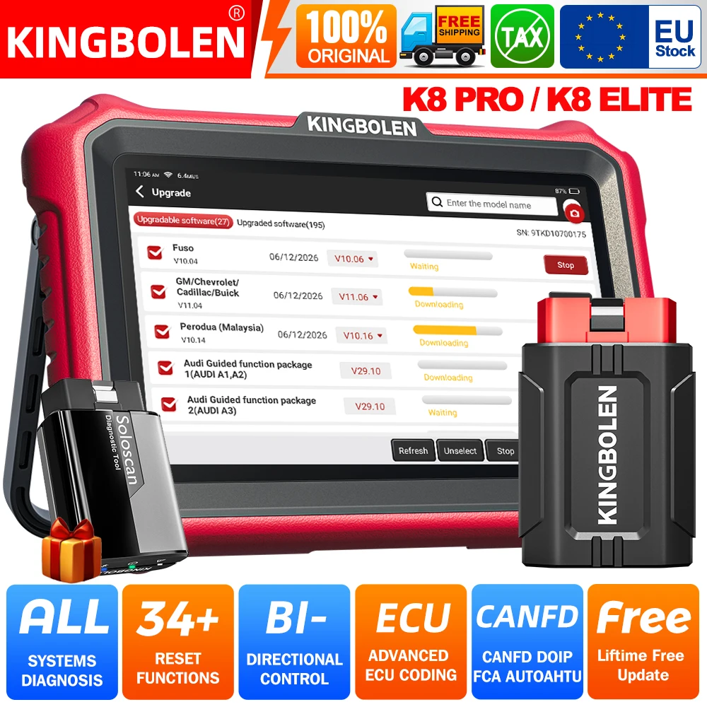 KINGBOLEN K8 PRO OBD2-diagnoseapparaat Bluetooth, Diagnostiekapparaat voor alle systemen in de auto met bi-directionele communicatie, 42 service reset, ECU -codering, V.A.G-ondersteund, FCA, CANFD