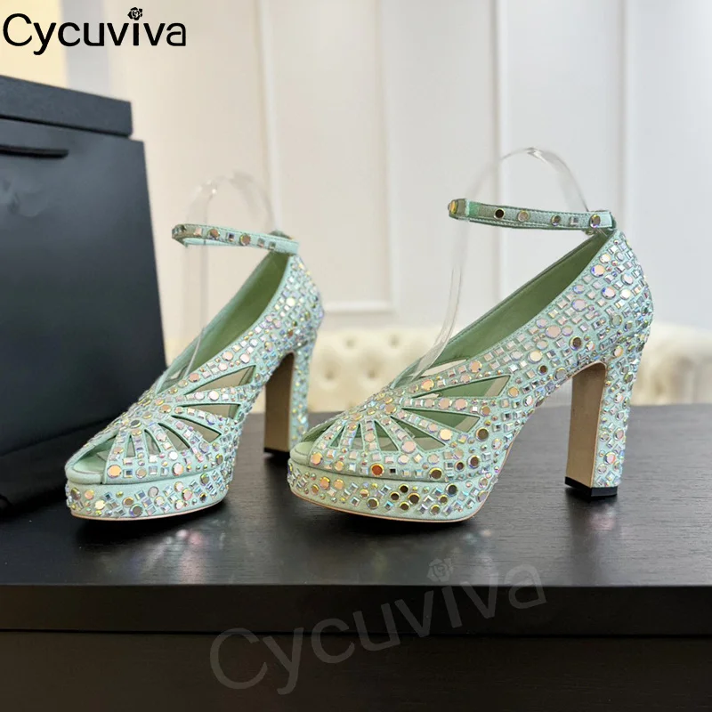 

Luxury Crystal Girl's Chunky Heel Shoes Ankle Strap Hollow Out Mary Jean Women's Pumps Dress Party Sandals For Women