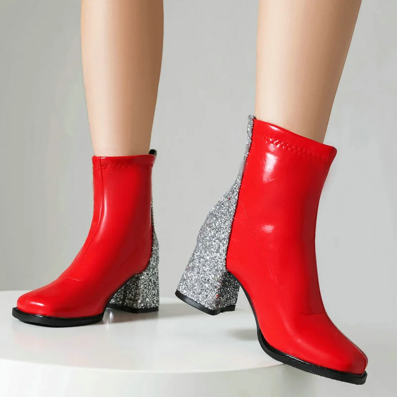 

Black Red White Women Ankle Boots Round Toe Square High Heel Ladies Short Boots PU Leather Bling Side Zipper Dress Women Shoes