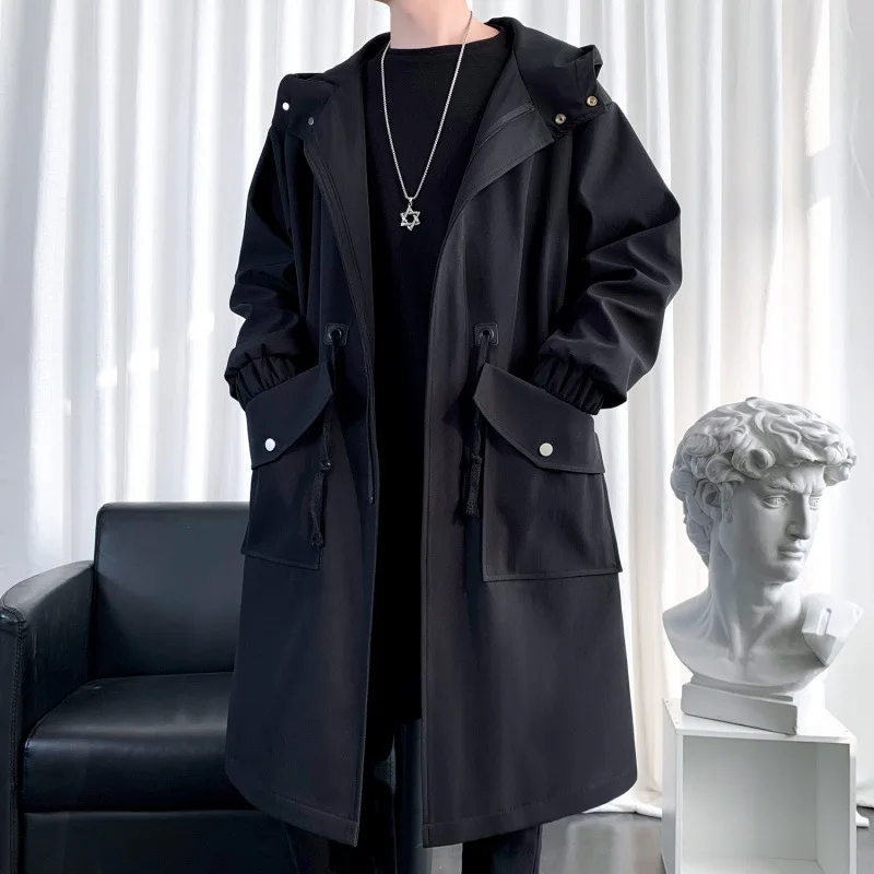 Korean Style Spring Trench Coat Hooded Loose Big Pockets Windbreaker Windproof Men Daily High Street Overcoat Men Clothes