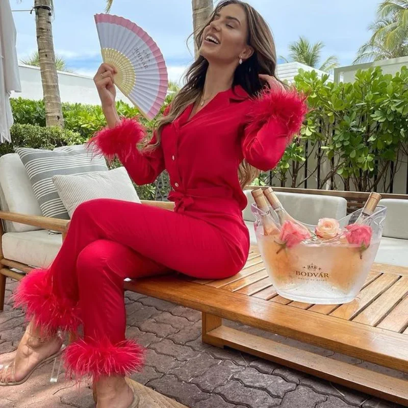 Women Pajamas Set Two-piece Chic Feather Detail Casual Long-sleeved Button Homewear Top Slim Pants
