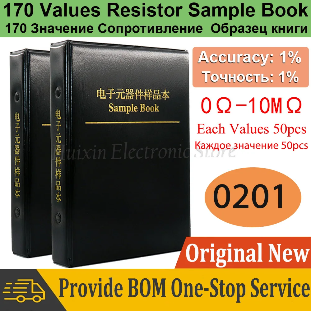 

0201 0.02x0.01inch SMT Resistor Assortment Kit Chip SMD Sample Book Accuracy 1% 170 Values Each 50pcs 0R-10M Ohm 10K 100K 1K