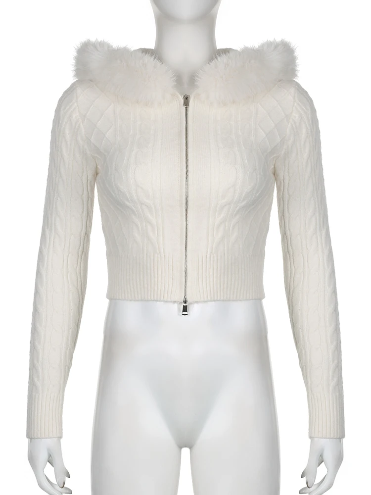 IAMSURE Sweet Furry Trim Hooded Knitted Cropped Cardigans Slim Zipper Long Sleeve Sweaters Women 2023 Autumn Winter Fashion Lady 5