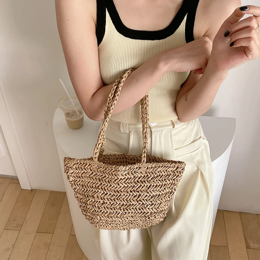 Handmade Woven Straw Bag Bohemian Hollow Basket Bags for Women Paper Rope Women Designer Handbags Travel Beach Shoulder Bag Tote