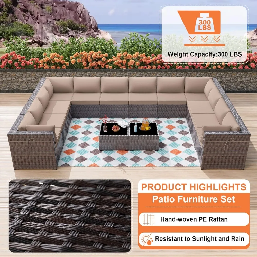 Patio Furniture Set Sectional Sofa Sets Brown PE Rattan Patio Conversation Set w/12 Khaki Seat, Garden Sofas 5