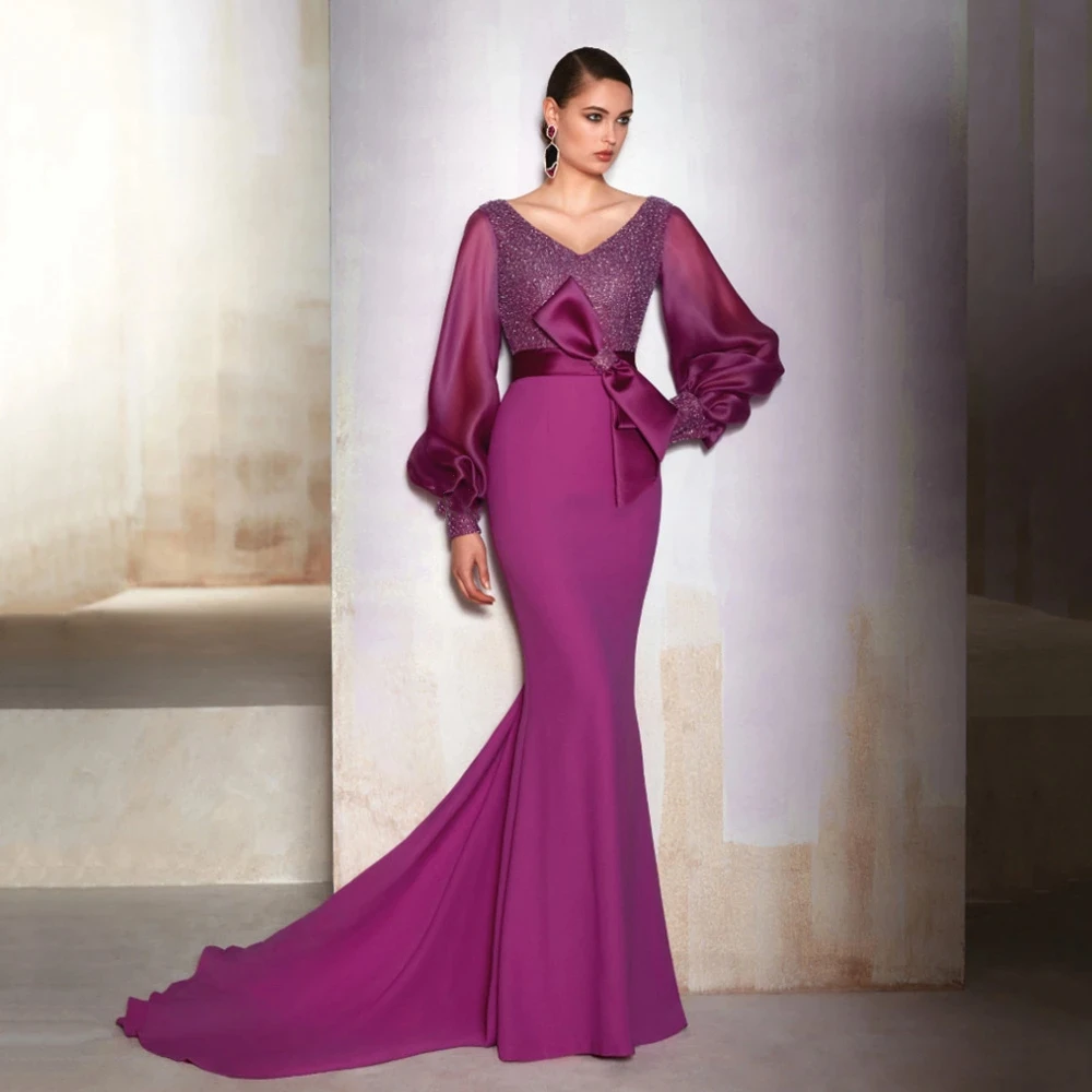 

Женское вечернее платье-русалка, длинное Плиссированное платье с V-образным вырезом, длинным рукавом и большим бантом, расшитое бисером, элегантное сексуальное платье для выпускного вечера