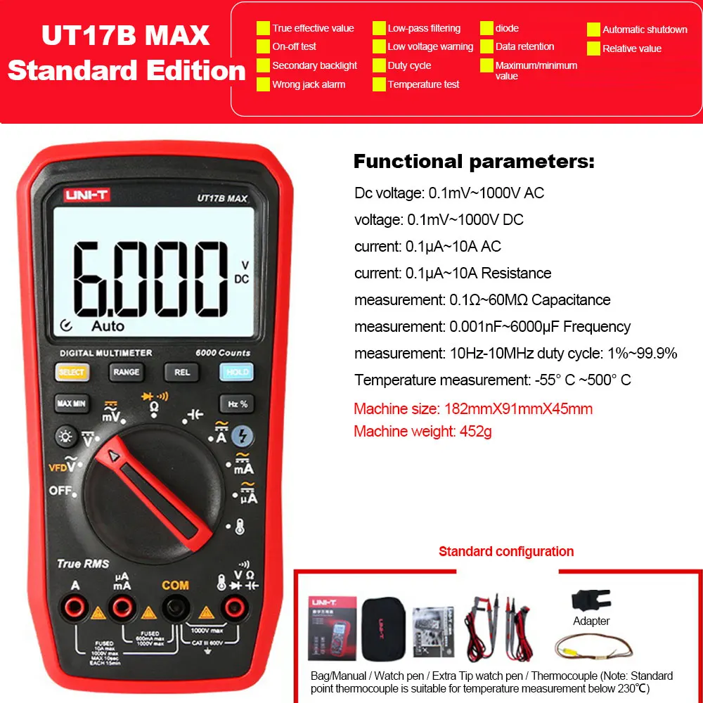 

UNI-T UT17B MAX Digital Multimeter AC DC Voltage Current Multitester Tester VFD True RMS Voltmeter Ammeter Capacitance Tester