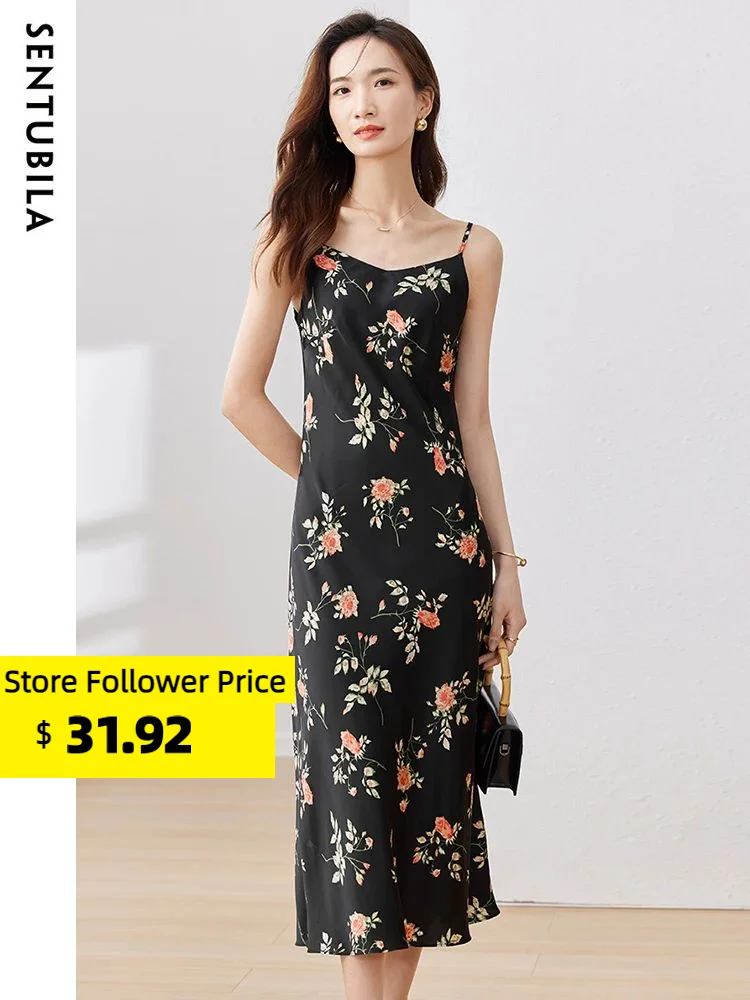 

Sentubila Romantic Sexy Floral Black Sundress Women 2023 Fashion V Neck Spaghetti Strap Slim Summer Female Beach Long Dresses