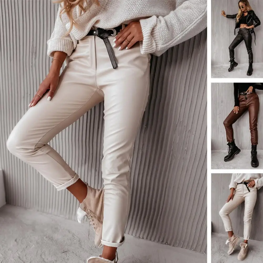 

Pants Elastic Waist Faux Leather Solid Color Smooth Surface Breathable Dress-up Streetwear Four Seasons Women Trousers Female