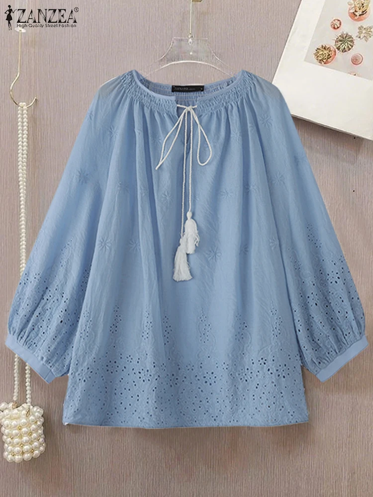 Cotton Lace Tunic Top for Women Autumn Lantern Sleeve