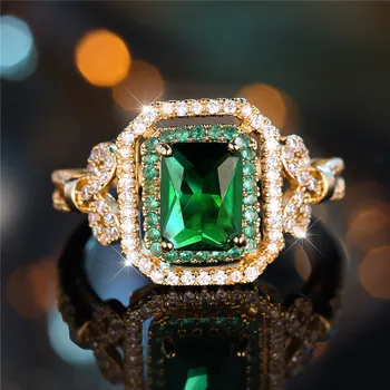 Cute Female Green Zircon Stone Engagement Ring Vintage Yellow Gold Color Wedding Jewelry For Women