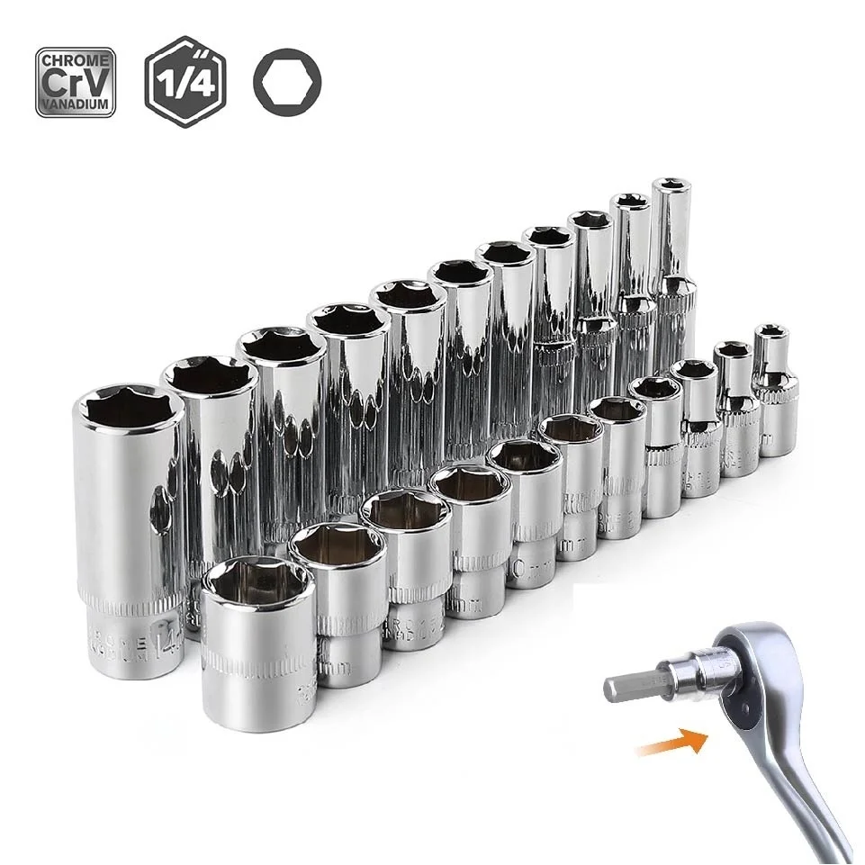1/4" Antriebssteckschlüsselsatz 6-Punkt kurze/lange tiefe Steckschlüsseleinsätze CRV Steckschlüsselsatz Ratschen-Steckschlüssel-Bitkopf-Adapter für Drehmomentschlüssel – Detail 2