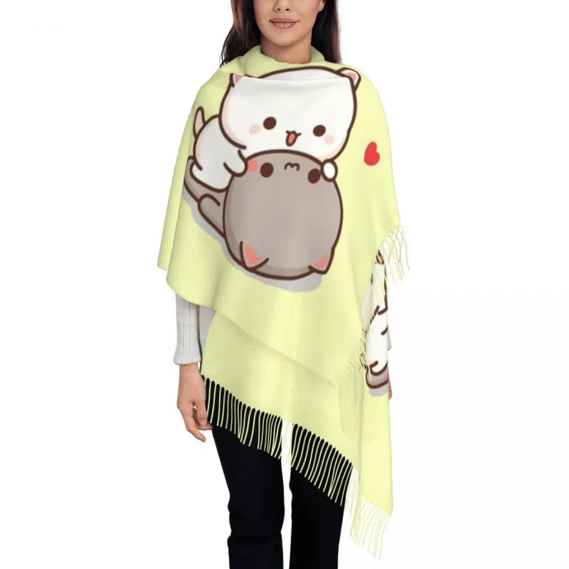 

Peach And Goma Mochi Cat Cuddling Tassel Scarf Women Soft Shawl Wrap Ladies Winter Scarves