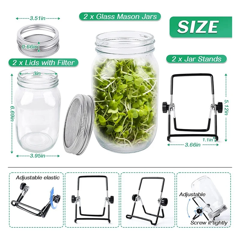 Seed Sprouting Jar Kit With 2 Wide Mouth Mason Jars Bean Sprouts Growing Kit Growing Jar With Mesh Screen Lids 6