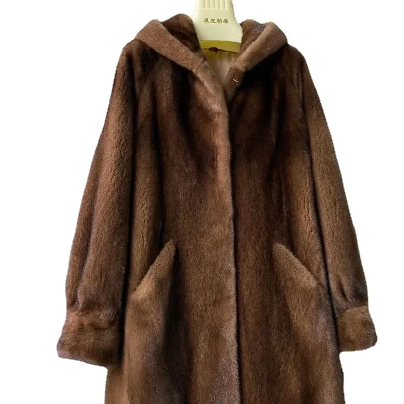 

Winter New Imported Velvet Young Marten Overcoats Women's Mid-Length Whole Mink Hooded Mink Skin Fur Coat