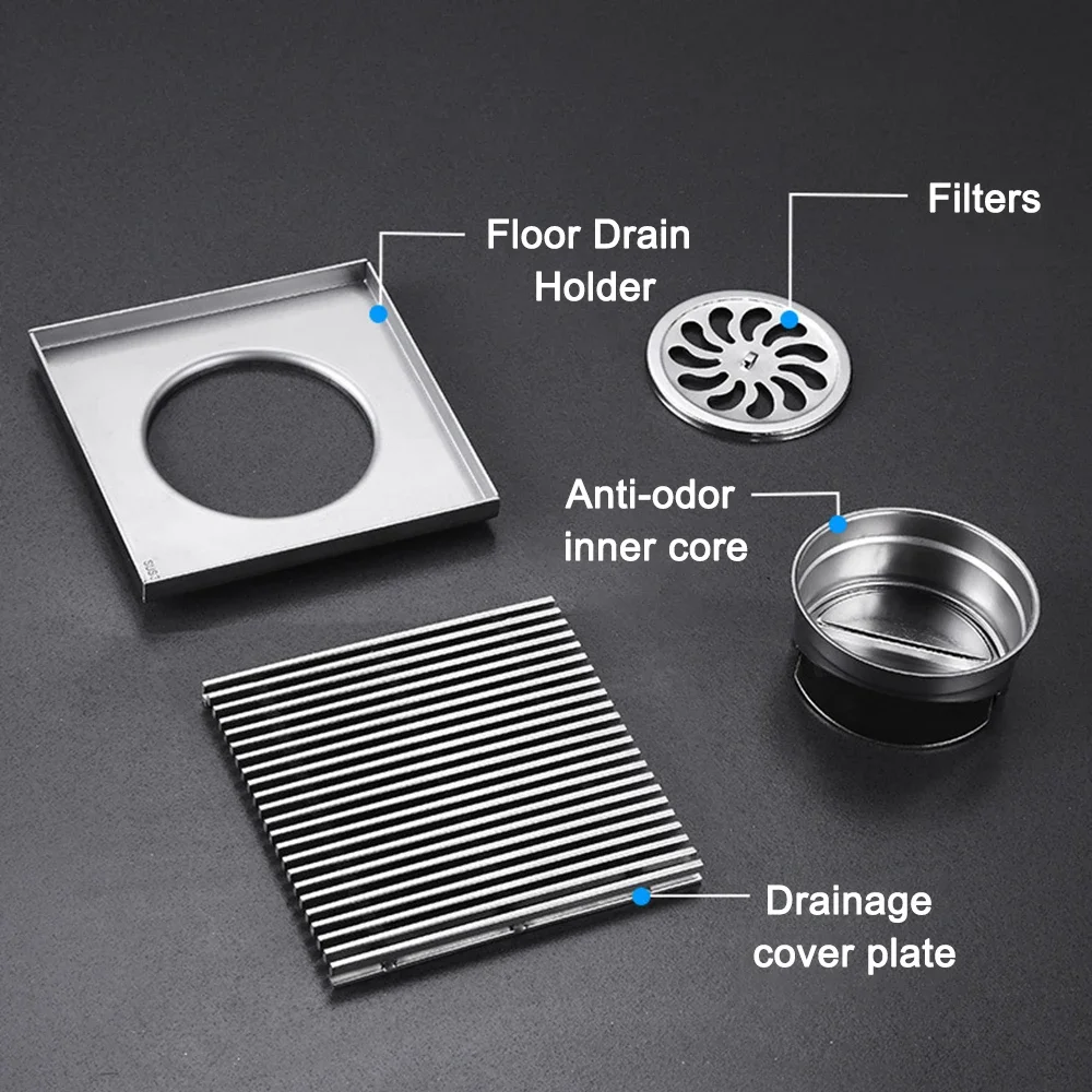 

12/15/20/30cm Bathroom Drainage Stainless Steel Floor Drain Square Linear Shower Floor Drain Anti-Odor Shower Drain Hair Catcher