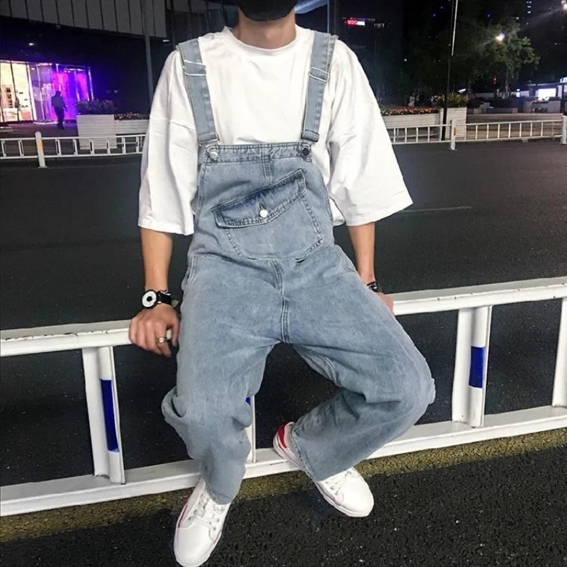 Fashion Tooling Denim Pants Overalls Couple Casual Loose High Street Large Size Straight Leg Jumpsuits Male Clothes