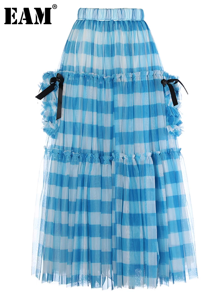 

[EAM] High Elastic Waist Blue Plaid Mesh Bow Vintage A-line Half-body Skirt Women Fashion Tide New Spring Autumn 2024 1DH1115