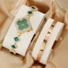 2pcs/set Women's Watch Luxury Rhinestone Clover Pointer Quartz Watch Steel Band Bracelet Wrist Watch & LOVE Bangle, Gift For Her 1