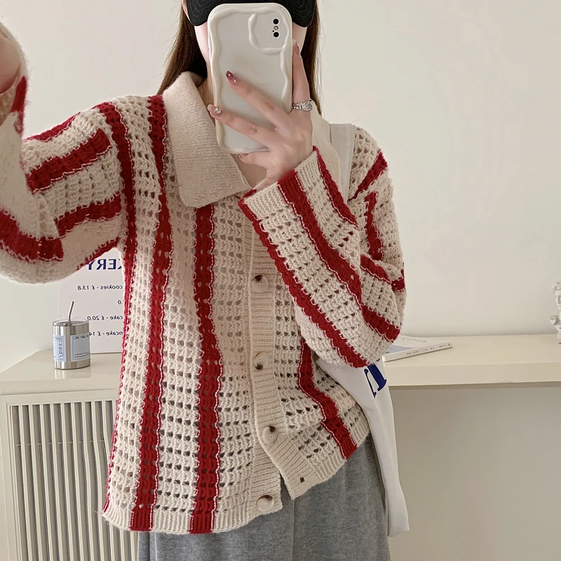 Autumn New Women's Striped Hollow Lapel Knitted Cardigan Sweater Elegant Casual Single-breasted Long-sleeved Top