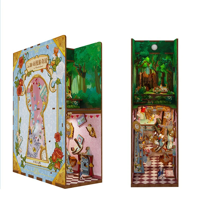 Diy wooden book nook shelf insert kits alice in wonderland miniature