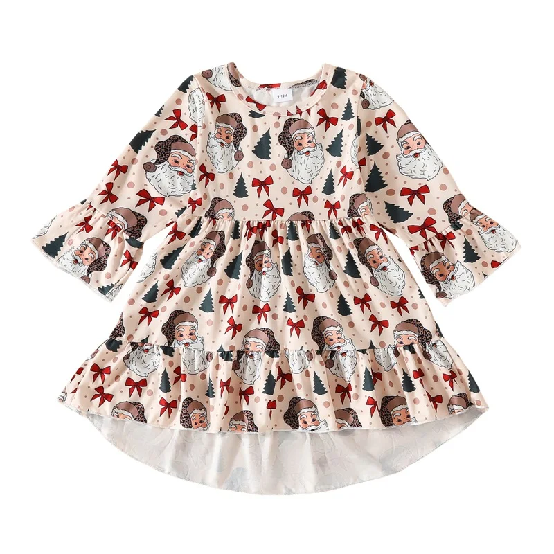 

Kids Girls Dress Christmas Clothes Christmas Tree Plaid Santa Print Flare Long Sleeve Dress Fall Fashion Casual Princess Dress