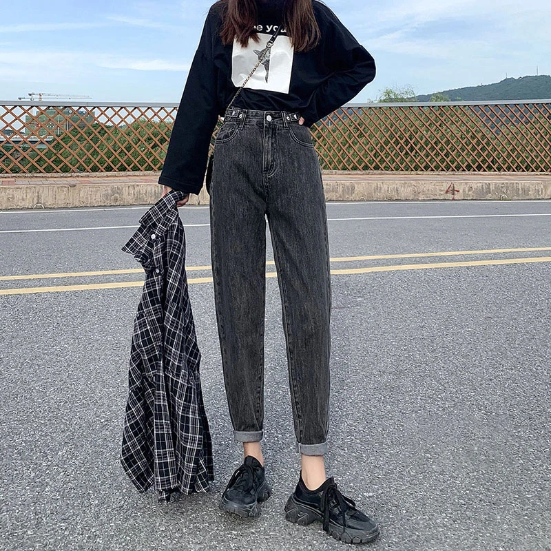 

Design Adjustable Waist Jeans Women Fashion Black Gray High Waist Straight Nine Points Carrot Pops Harlan Pants Women