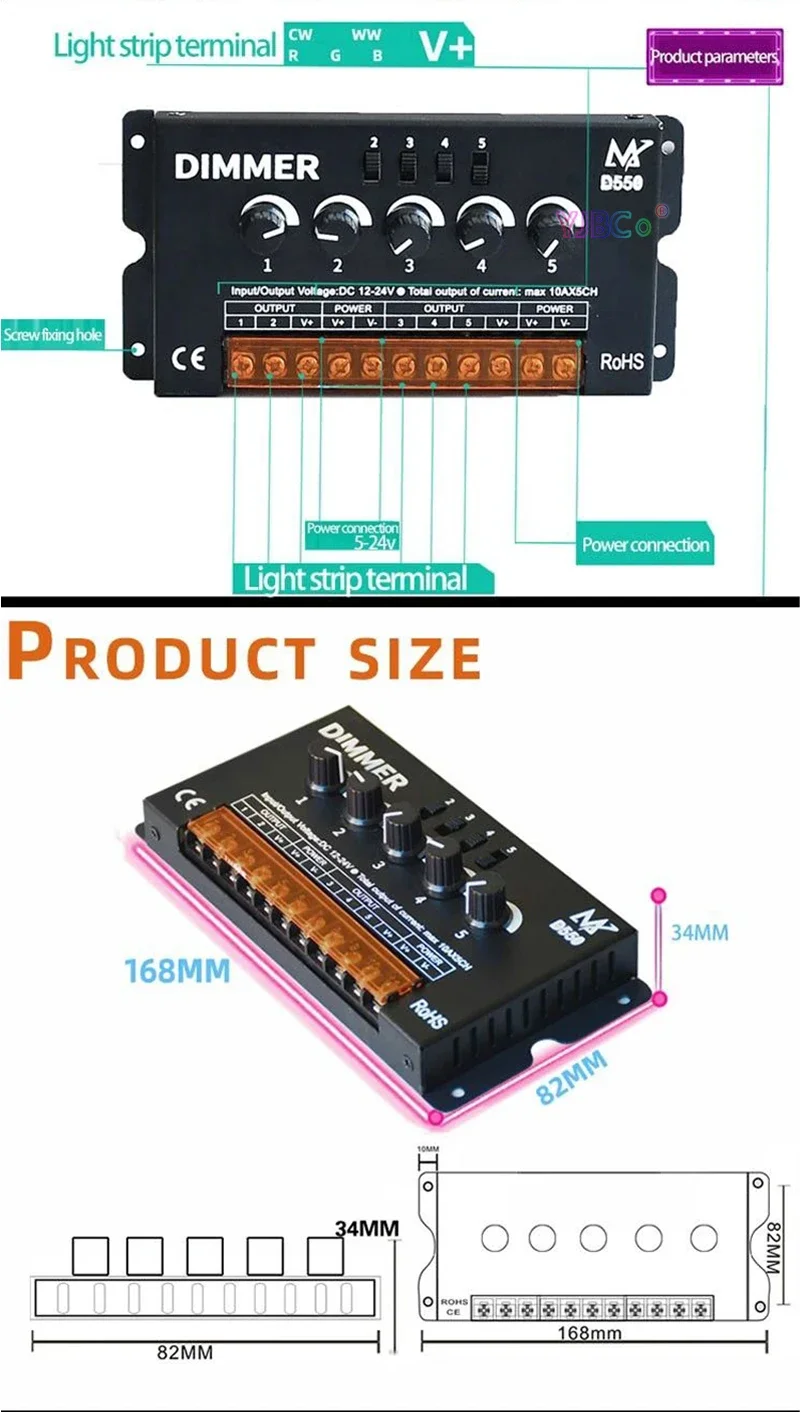 Description Picture 6 of itemRGBW RGBWW LED Dimmer knob dimming Switch 12V-24V 10A*5CH 5 channels Controller D550 for RGBW RGBWW led strip Light,module