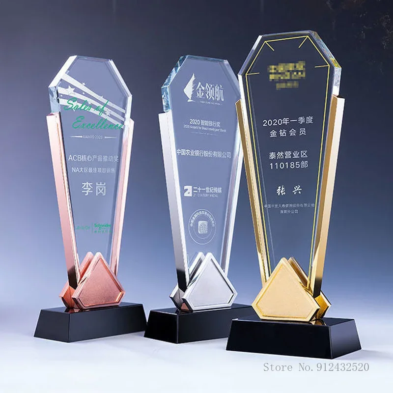 Custom Personalized Metal Geometric Shape Base Crystal Trophy, Electroplating Gold, Creative Event, Souvenir Home Decoration 1pc