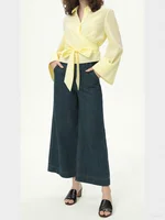 2025 Women Long Sleeve Kimono Shirt Double Breasted Satin Silk Feel Polo Collar Belted Office Chic Spring Autumn Party Blouse - Image 3