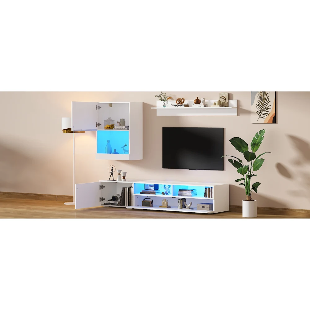 3-teiliges LED Hochglanz-TV-Wohnzimmer-Wandset Modernes Medienmöbel mit Vitrine Wandregale Stehender & Schwebender TV-Schrank – Detail 14
