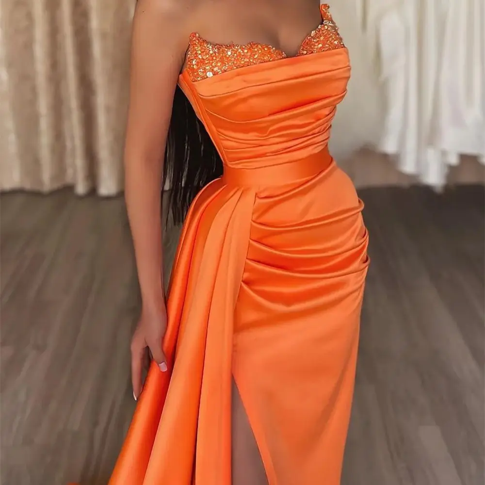 

A-Line Sexy High Split Prom Formal Evening Dress Strapless Sleeveless Court Train Satin with Slit Pure Color robes de soirée