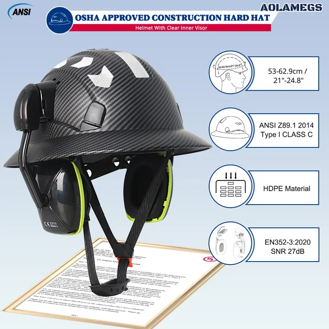 Carbon Fibre Full Brim Safety Cap with Earmuffs