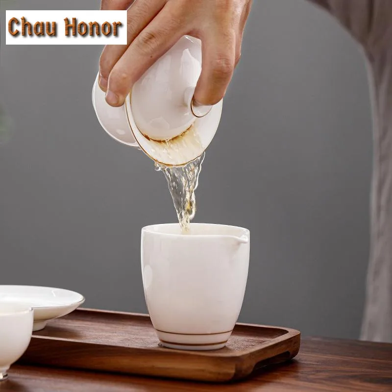 175ml White Porcelain Painted Gold Covered Bowl Handmade Ceramic Tea Cup Large Tea Making Sancai Covered Bowl Kung Fu Tea Bowl