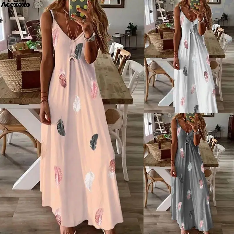 

Summer new women's fashion casual loose sleeveless V-neck feather print dress