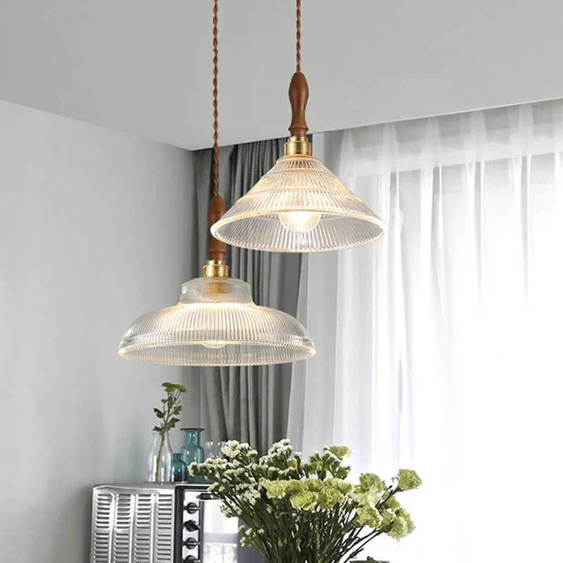 

Modern Glass Pendant Lights for Dining Room Kitchen Island - Copper/Wood Art Suspension Hanging Lamp E27 Luminaire Chandelier