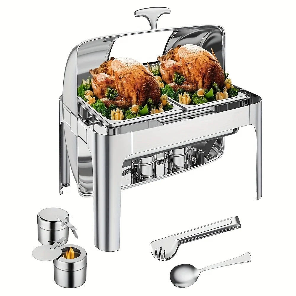 

1set, Roll Top Chafing Dish Buffet Set, 9QT Stainless Steel Chafer With 2 Half Size Pans, Rectangle Catering Warmer Server With