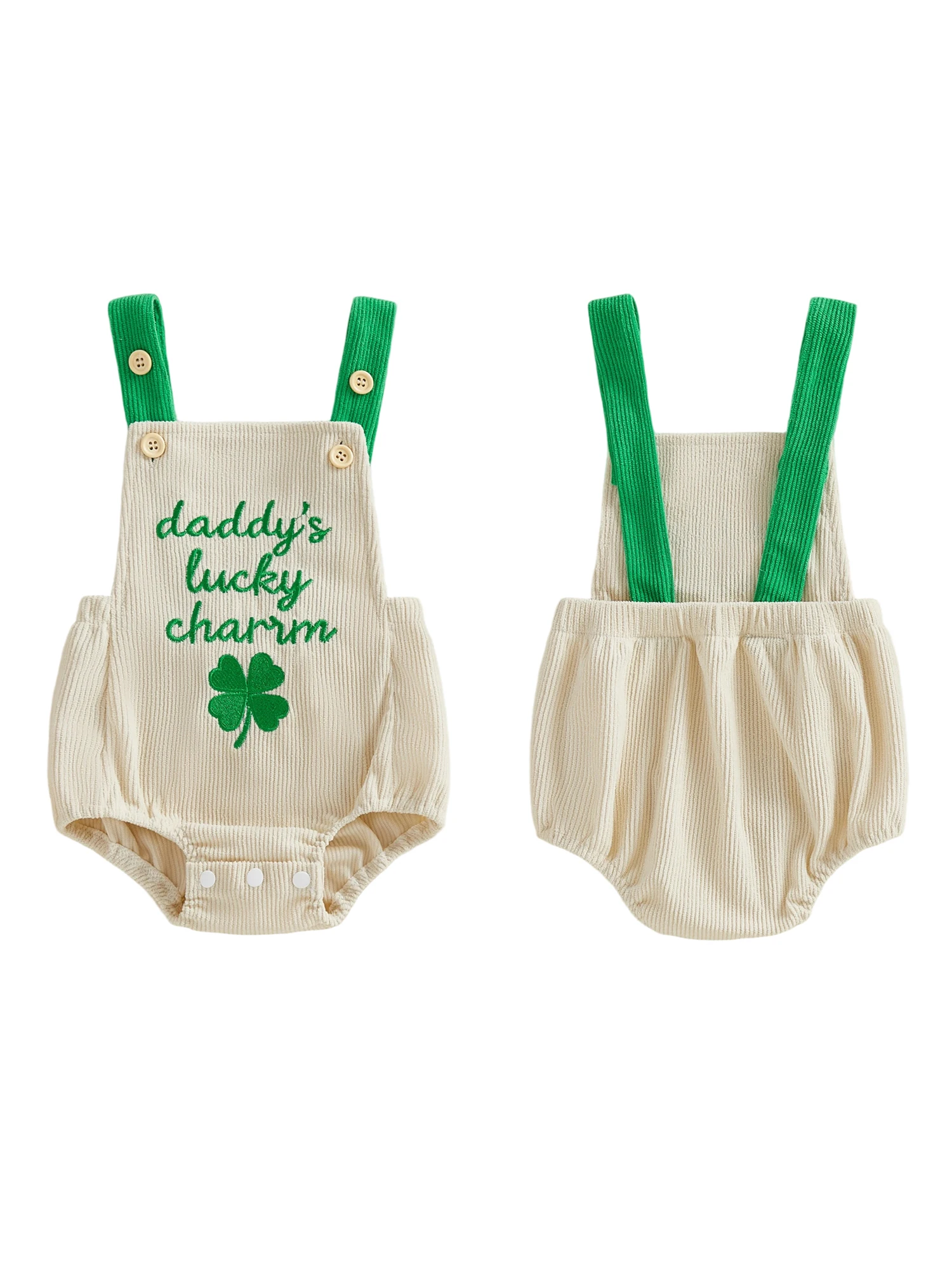 Infant Girls St Patrick s Day Jumpsuit Sleeveless Shamrock Embroidery Ribbed Overalls with Ruffle Trim