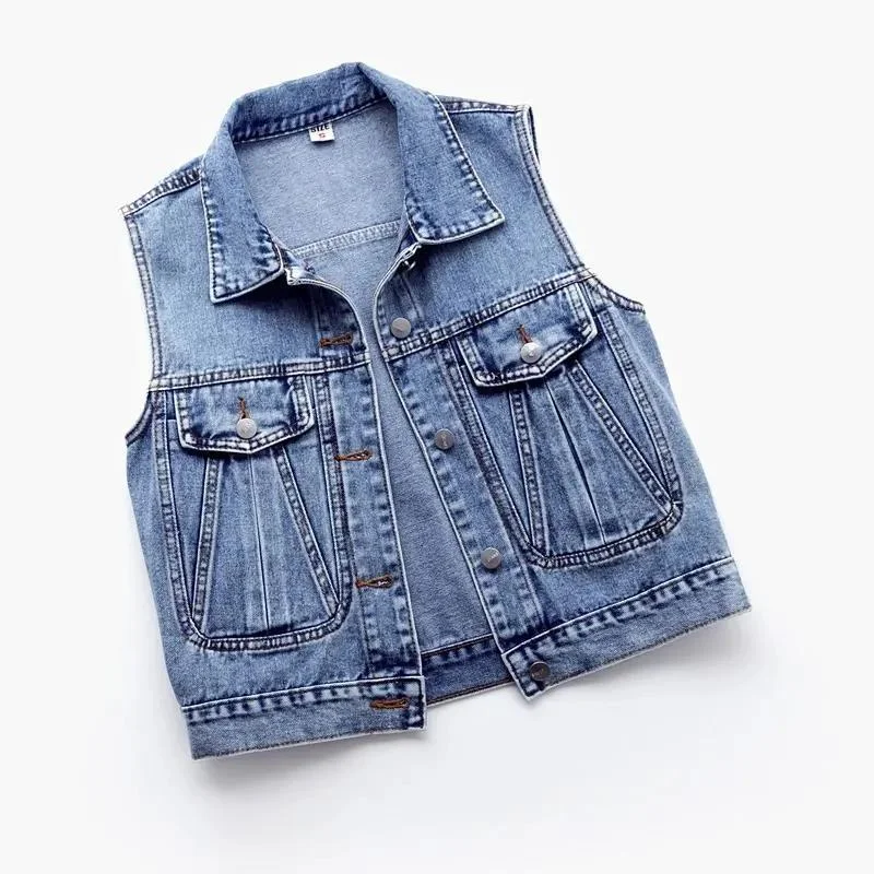 2023 Spring and Autumn New Pleated Large Pocket Denim Closing Women's Short Vest Women Waistcoat Jacket Slimming Wear Top