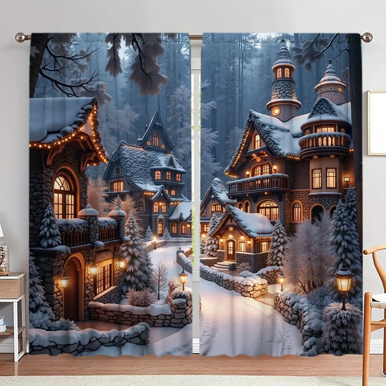 2pcs Winter Town Snow Scenery Printed Curtain for Christmas Home Decor - Rod Pocket Window Treatment for Bedroom,Office,Kitchen