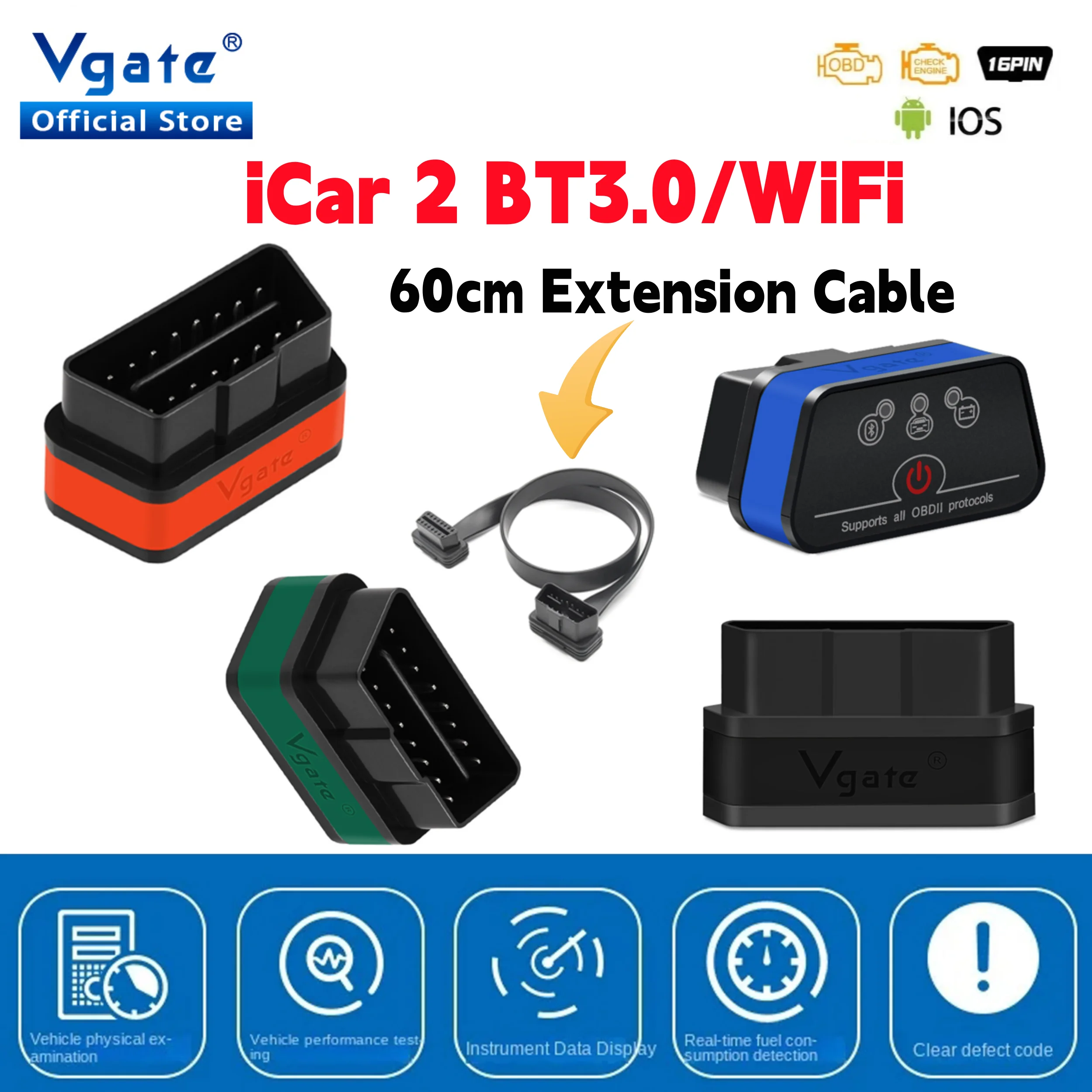 Vgate iCar2 автомобильный диагностический OBD OBD2 ELM327 Wifi сканер автомобильный инструмент Удлинительный кабель Bluetooth iCar 2 v2.2 считыватель кодов PK elm V1 5