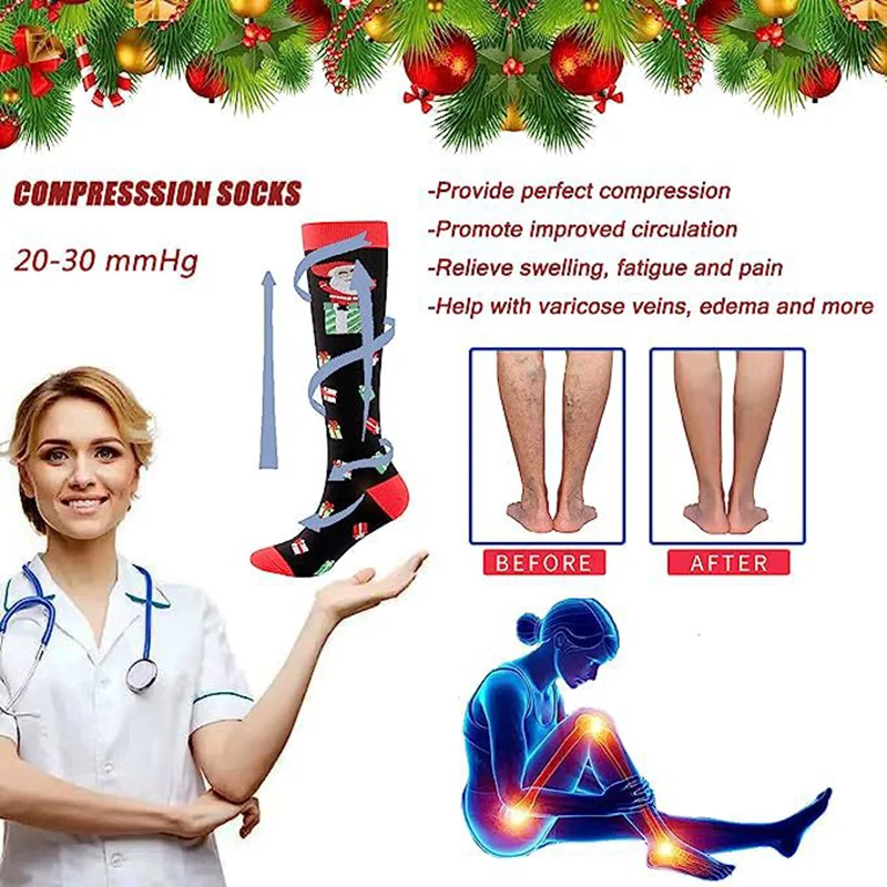 Christmas Socks Compression Socks Running For Men Women To Promote Blood Circulation Travel Outdoor Cycling Hiking Rugby